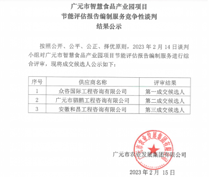 广元市智慧食品产业园项目节能评估报告编制服务竞争性谈判 结果公示